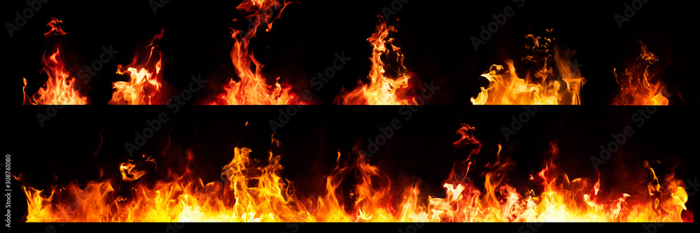 Set of Panorama Fire flames on black background. - obrazy, fototapety, plakaty 