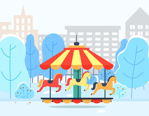 Merry-go-round in urban winter park with cityscape view. Colorful carousel with horses objects near snowy trees and high buildings. Entertainment element outdoor near wood and construction vector