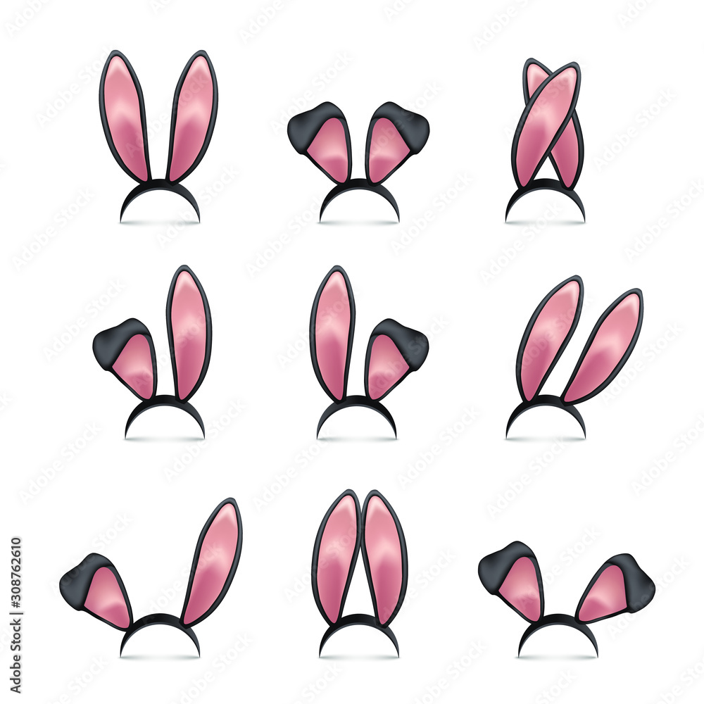 Rabbit ears realistic 3d vector illustrations set. Black Easter bunny ...