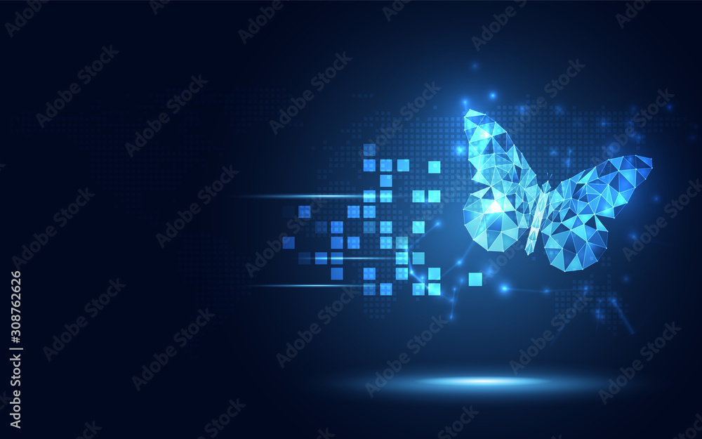 Futuristic blue lowpoly Butterfly abstract technology background. Artificial intelligence digital transformation and big data concept. Business quantum internet network communication evolution concept - obrazy, fototapety, plakaty 