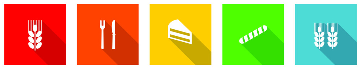 Poster - Set of colorful web flat design vector icons,  wheat, cake, cutlery, restaurant and grain buttons in eps 10 for webdesign and mobile applications on white background