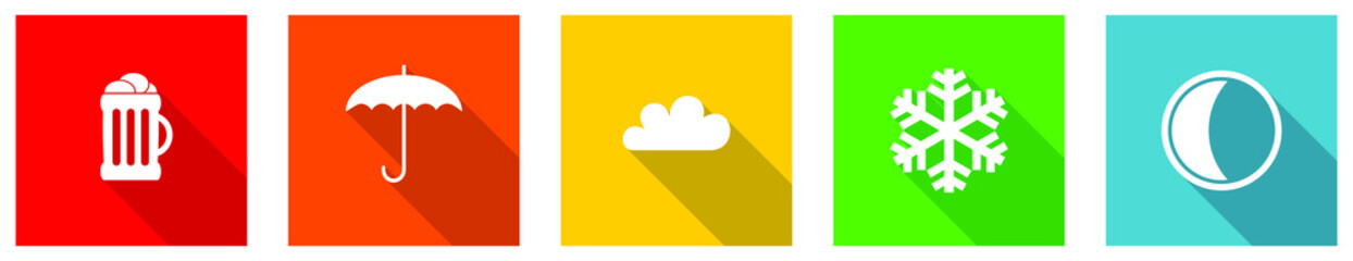 Poster - Set of colorful web flat design vector icons,  beer, cloud, snowflake, umbrella and moon buttons in eps 10 for webdesign and mobile applications on white background