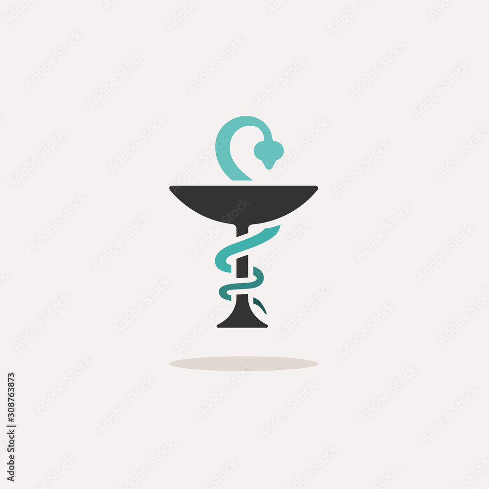 Pharmacy symbol with chalice and snake. Icon with shadow on a beige background. Medicine vector illustration - obrazy, fototapety, plakaty 