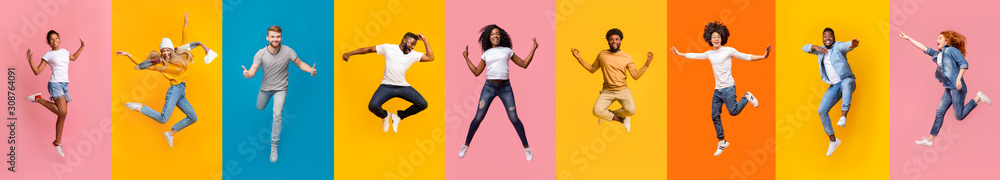 Collage of positive multiracial young people jumping over colorful backgrounds - obrazy, fototapety, plakaty 