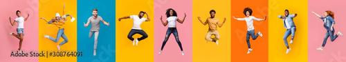 Photographie Collage of positive multiracial young people jumping over colorful backgrounds