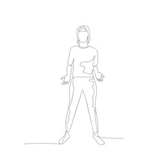 Wall Mural - Continuous one line woman stands with spread hands, helpless gesture. I do not know anything. So what I can not help. Stock illustration.