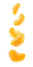 Pieces Of Peeled Mandarin In The Air Isolated On A White Background. Mandarin Segments Isolated. Five Peeled Falling Mandarin Segments. Slices Of Mandarin In Falling.