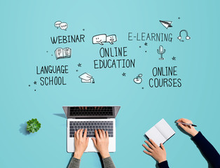 Online education theme with people working together with laptop and notebook