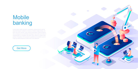 Poster - Mobile banking landing page vector template. Online smartphone payment website header UI layout with isometric illustration. Digital currency transaction web banner isometry concept