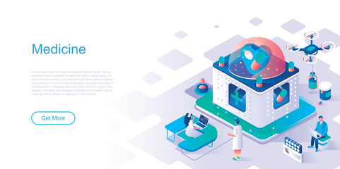 Poster - Medicine landing page vector template. Emergency health care aid website header UI layout with isometric illustration. Medicaments and prescription laboratory web banner isometry concept