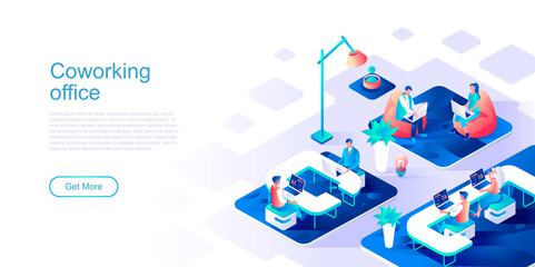 Poster - Coworking office landing page vector template. Freelance startup team website header UI layout with isometric illustration. Professional meeting in workplace web banner isometry concept