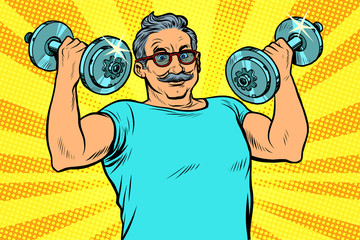 elderly man lifts dumbbells, fitness sport