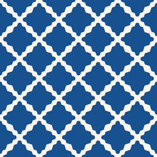 Diamond Grid Pattern. Vector Abstract Floral Seamless Texture. Elegant Blue And White Background. Simple Geometric Ornament With Diamond Shapes, Rhombuses, Net, Lattice, Repeat Tiles. Oriental Style  