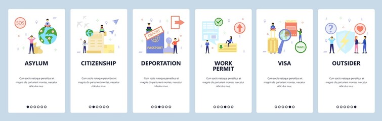 Mobile app onboarding screens. Immigration and international travel, asylum and citizenship, visa, passport. Menu vector banner template for website and mobile development. Web site flat illustration