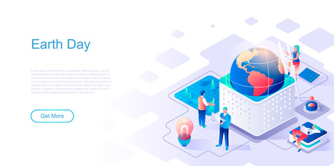 Poster - Earth Day landing page vector template. Annual eco event celebration website header UI layout with isometric illustration. Environment protection, saving nature web banner isometry concept