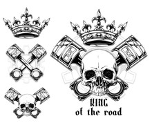 Graphic Black And White Human Skull With Crossed Car Pistons, Royal Lily King Crown And Diamonds. Isolated On White Background. Vector Icon Set.