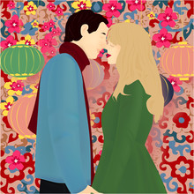 Banner With Happy Couple On Abstract Background In Chinese Style With Flowers