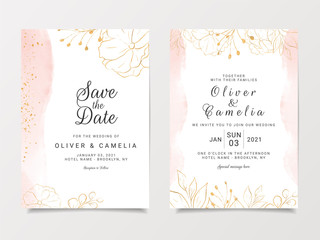 Wall Mural - Watercolor wedding invitation card template set with gold floral decoration. Abstract background save the date, invitation, greeting card, multi-purpose vector