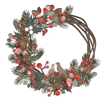 Beautiful Christmas Decorative Wreath Of Vine And Pine Branches, Berries, Ilex, Cedar Cones, And Cute Birds Isolated On White Background. Vector