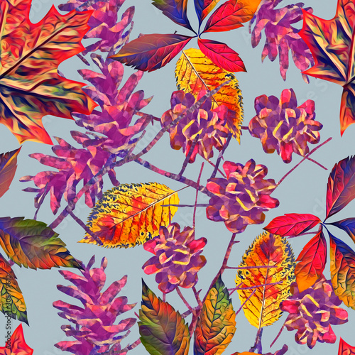 Pine cones with leaves seamless pattern.