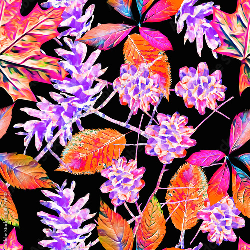 Pine cones with leaves seamless pattern.