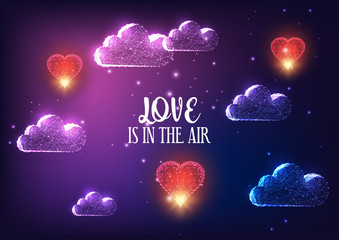 Wall Mural - Futuristic Valentines day banner concept with glowing low polygonal clouds, red flying hearts