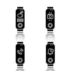 Canvas Print - Fitness tracker and smartphone synchronization drop shadow black glyph icons set. Incoming call and notification option. Distance camera access and diet pictogram. Isolated vector illustrations