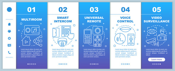 Smart home onboarding mobile web pages vector template. Automation systems Responsive smartphone website interface idea with linear illustrations. Webpage walkthrough step screens. Color concept