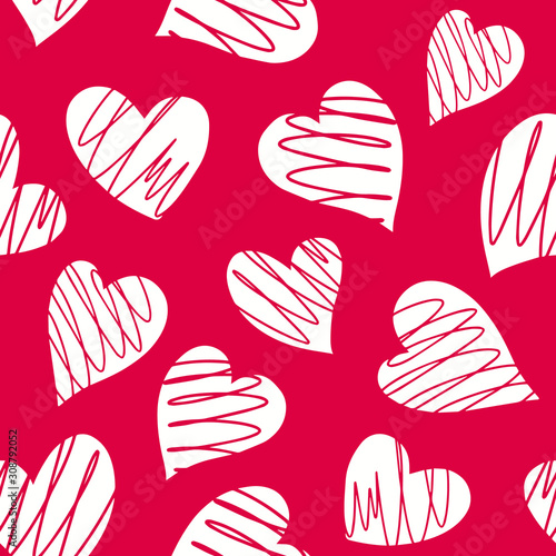 Romantic seamless pattern with cute images of hearts on a pink background. Th...