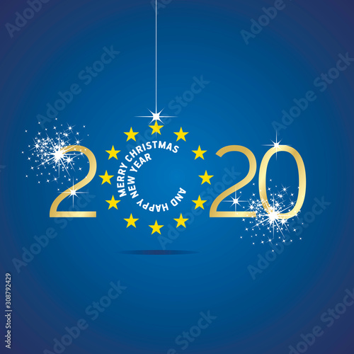 Fotografía Merry Christmas Happy New Year 2020 Europe yellow stars flag ball blue backgroun