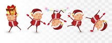 Collection Of Christmas Elves Isolated On Transparent Background. Little Elves. Santa S Helpers. Many Elves With Gift Presents. Icon Set. Vector Illustration. Boy Elves With Red Costume