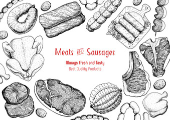 Meat products top view frame. Vector illustration. Engraved design. Hand drawn illustration. Pieces of meat design template. Great for package design. Chicken, beef, pork, sausage, lamb, ham sketch