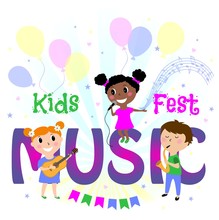 Illustration Of Kids Playing Different Musical Instruments. Vector Design Of Banner Poster Design Template For Kids