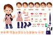 Cartoon girl in fall coat constructor for animation. Parts of body: legs, arms, face emotions, hands gestures, lips sync. Full length, front, three quater view. Set of ready to use poses, objects