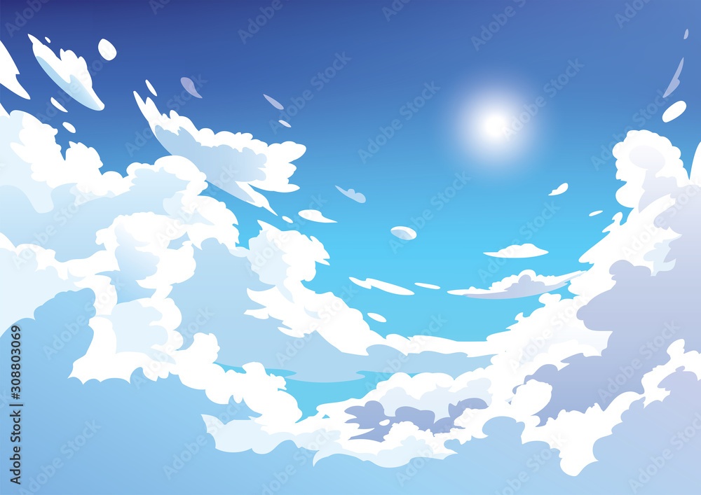 Vector blue sky clouds. Anime clean style. Background design - obrazy, fototapety, plakaty 