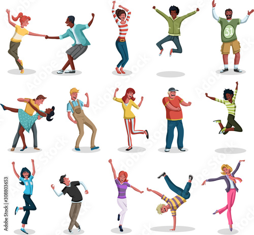 Party with happy cartoon people dancing.