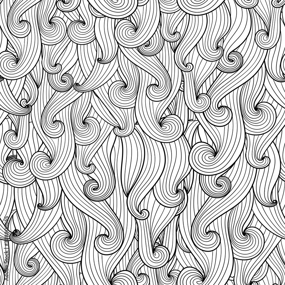 Vector doodle waves. Seamless pattern with curls for coloring book or ...