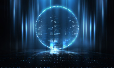 Wall Mural - futuristic abstract blue neon background, luminous geometric figure in the center. abstract light, r
