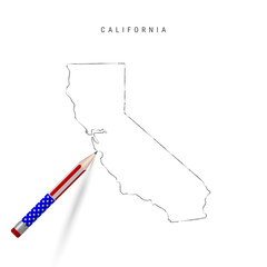 California US state vector map pencil sketch. California outline map with pencil in american flag colors