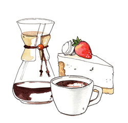 Wall Mural - Watercolor hand painted sweet dessert cake and coffee cup illustration isolated on white background