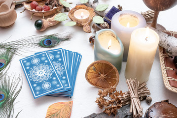 Canvas Print - Tarot cards deck on white table background. Future reading.