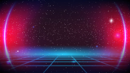 Wall Mural - synthwave retro future grid background with pink round neon glowing. 80s sci-fi style. 3d virtual wi
