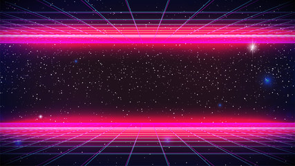 Wall Mural - Synthwave Neon Background. Bright Retro Future pink glowing, glitch perspective Grid, starry sky. Retro Futuristic Synthwave party flyer, cover, banner template. Sci-fi stock vector illustration