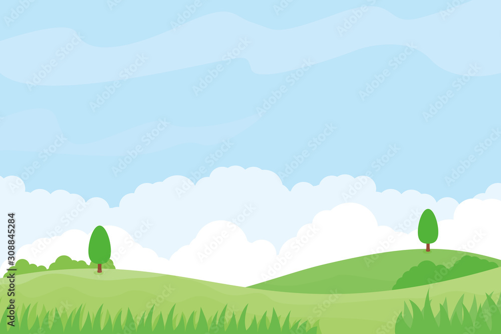 Nature landscape vector illustration with green meadow, trees and blue ...