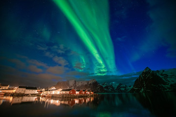 aurora borealis on the lofoten islands, norway. green northern lights above mountains. night sky wit
