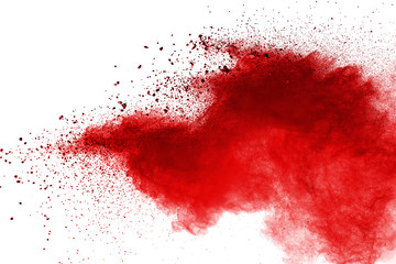 Wall Mural - red powder explosion on white background. colored cloud. colorful dust explode. paint holi.
