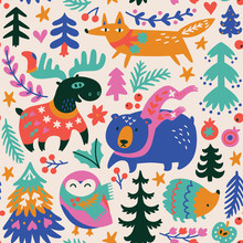 Woodland Whimsical Animals Seamless Pattern In Vector