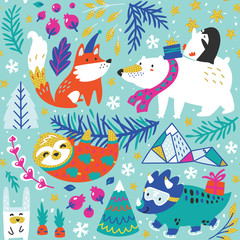 Wall Mural - Whimsical forest with winter animals seamless pattern. Vector illustration