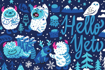 Wall Mural - Hello Yeti. Bigfoot characters in winter forest. 