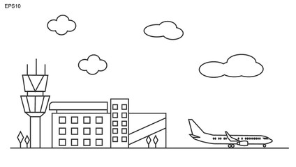 airport. lineart black and white vector illustration with air terminal and airplanes.